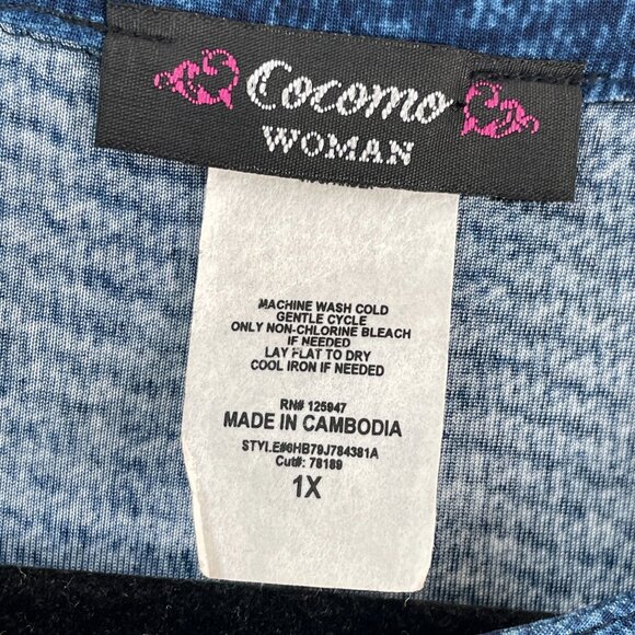 Cocomo Woman Plus 1X Blue Pleated Tunic Top Stretch Button Front Roll Tab Sleeve - Picture 4 of 9